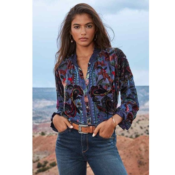 Johnny Was Clara Burnout Leda Button Top Floral Navy Blue Velvet Shirt Small NEW